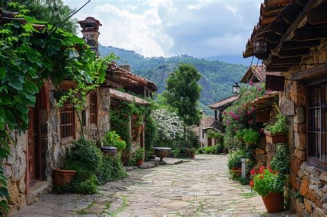Policía y joven en un pueblo pintoresco