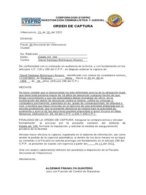 Orden de búsqueda y captura internacional (ejemplo genérico)