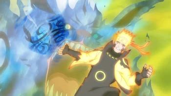 Naruto utilizando el Arte Sabio: Super Rasen Shuriken de Bestia con Cola