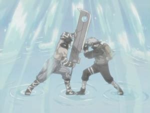 Ilustración de la batalla entre Kakashi, Haku y Zabuza