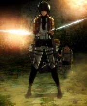 Mikasa amenazando a los soldados