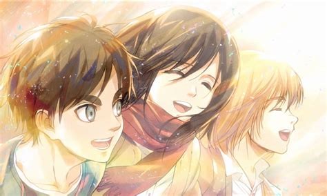 Ilustración de los personajes principales de Shingeki no Kyojin: Eren, Mikasa y Armin.