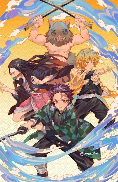 Ilustración de los personajes Tanjiro, Nezuko, Zenitsu e Inosuke