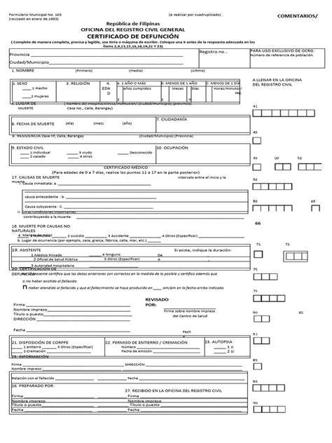 documento certificado de defunción