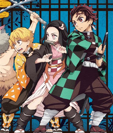 Ilustración de los personajes principales: Tanjiro, Nezuko, Inosuke y Zenitsu