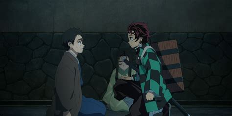 Tanjiro entregando las horquillas a Kazumi