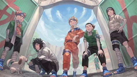 El equipo de Konoha: Shikamaru, Naruto, Kiba, Choji y Neji