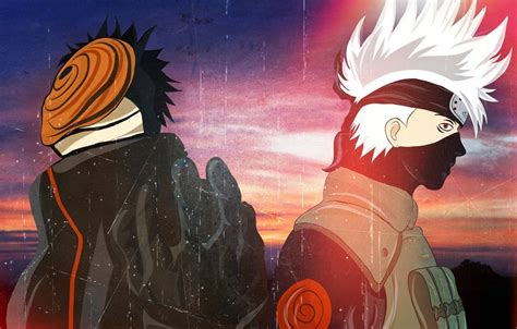 Ilustración de Kakashi enfrentando a Obito en un momento de tensión
