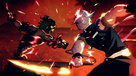 Tanjiro y Tengen luchando contra Gyutaro y Daki