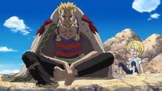 Ilustración de Sanji y Zeff varados en una isla rocosa