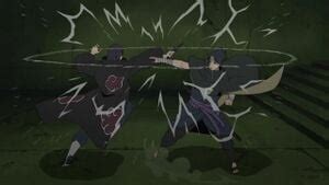 Ilustración del combate entre Sasuke e Itachi en la guarida de Akatsuki