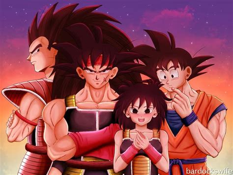 Ilustración de la familia de Goku: Bardock, Gine, Kakarot/Goku y Raditz