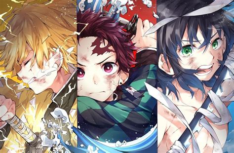 Tanjiro, Zenitsu e Inosuke luchando contra un demonio