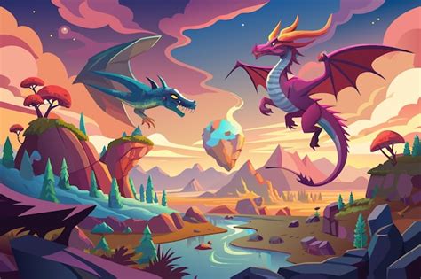 Dragones en un paisaje de fantasía