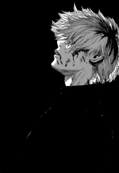 Ilustración de Ken Kaneki con cabello blanco y expresión triste