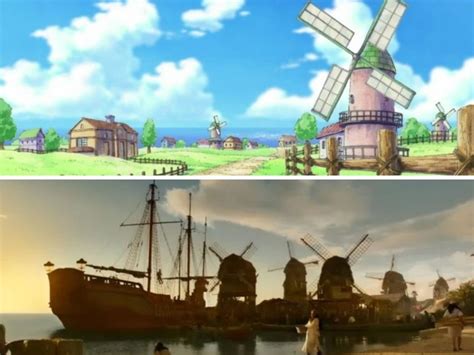 Comparativa visual de Villa Foosha en Anime y Live Action