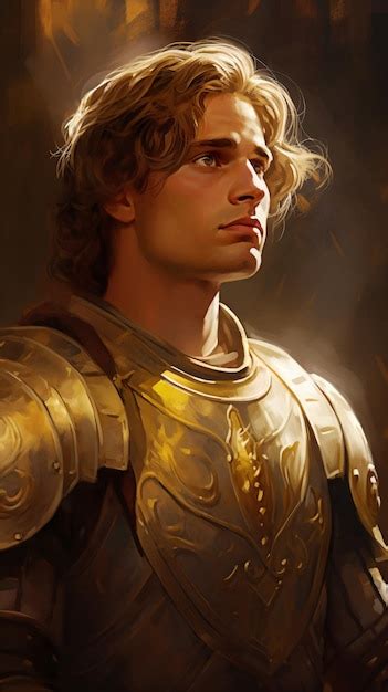 Representación artística de Arthur Pendragon con su armadura dorada y casco.