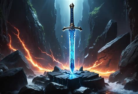 Ilustración de la espada gigante Excalibur clavada en la roca en Camelot.