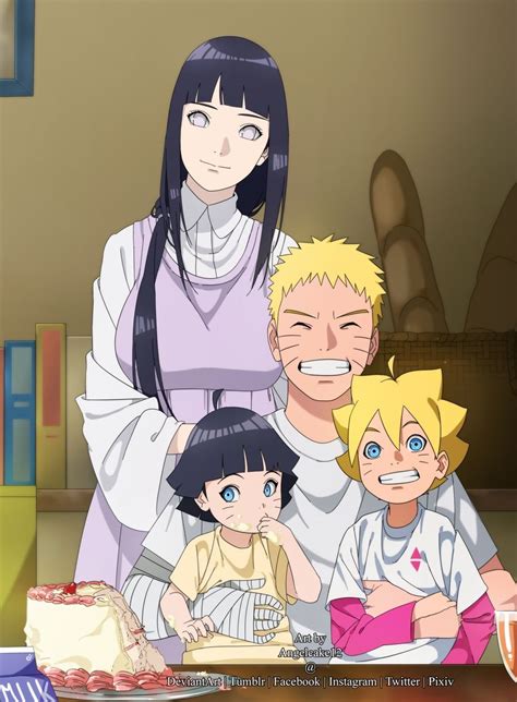 Ilustración de la familia Uzumaki: Naruto, Hinata, Boruto y Himawari