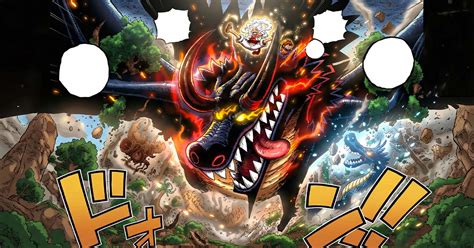 Luffy montado sobre Loki en forma de dragón