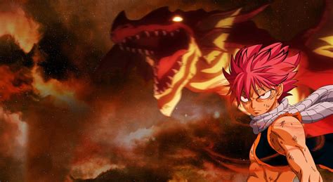 Representación de Natsu Dragneel luchando contra un dragón.