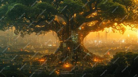 Árbol gigante en un paisaje futurista