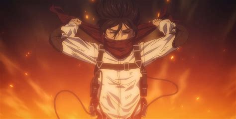 Mikasa poniéndose la bufanda de Eren en el final del anime de 