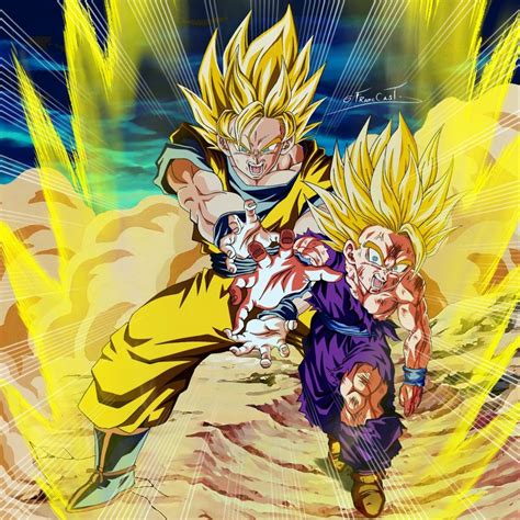 Ilustración de Goku y Gohan desatando el Kamehameha Padre e Hijo