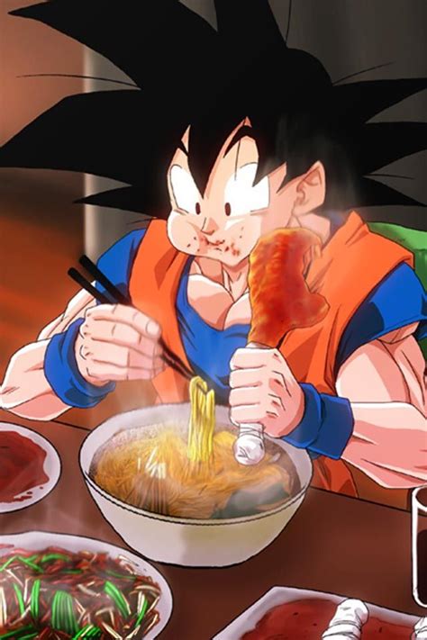 Personajes de Dragon Ball comiendo grandes cantidades de comida