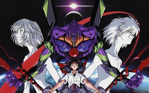 Ilustración de los mechas Evangelion luchando contra ángeles