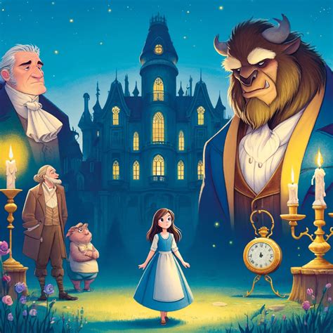 Ilustración de Bella y la Bestia en el castillo