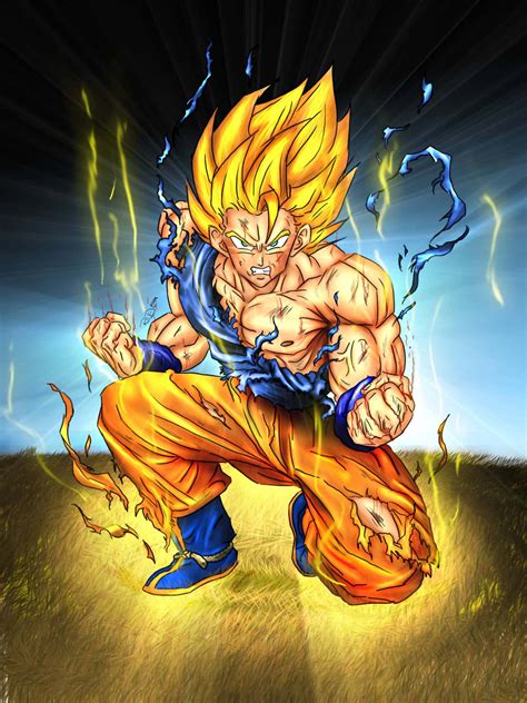Ilustración de Goku transformándose en Super Saiyan 2