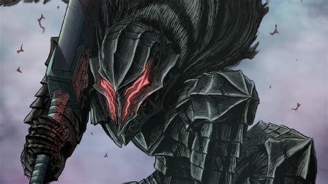 Ilustración de Guts en su armadura de guerrero negro con la Matadragones