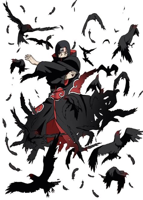 Ilustración de Itachi Uchiha transformándose en cuervos