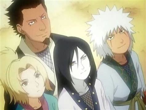 Jiraiya, Tsunade y Orochimaru siendo jóvenes aprendices de Hiruzen Sarutobi