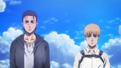 Escena de la batalla entre Armin y Eren en sus formas de Titán