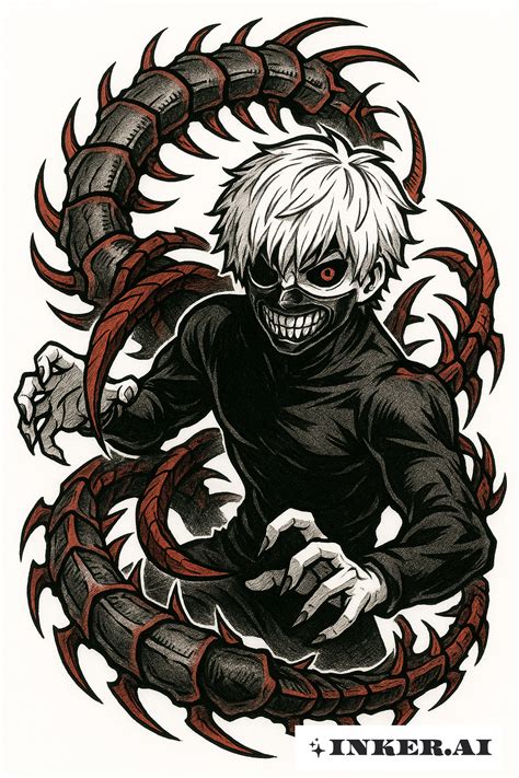 Ilustración de la transformación de Kaneki en Kakuja ciempiés