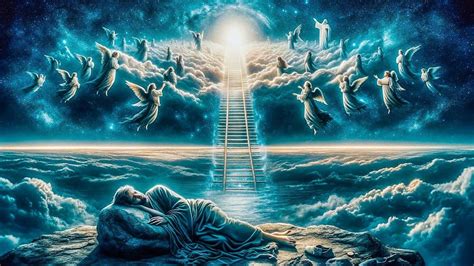 Representación visual de la Escalera de Jacob con ángeles y un pilar de luz