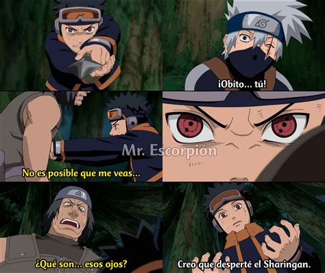 Obito activando su Sharingan por primera vez para salvar a Kakashi