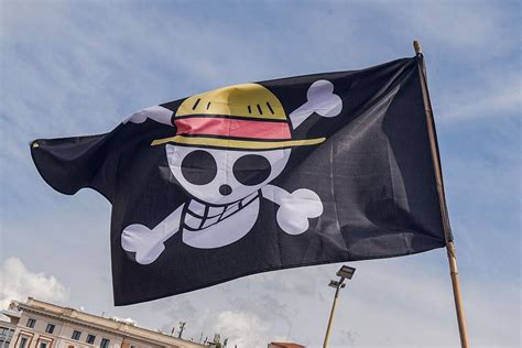 Bandera pirata de One Piece en una marcha