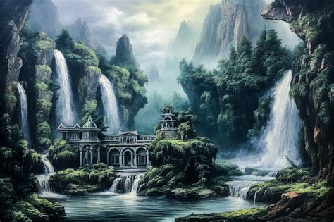 Ilustración de un paisaje de fantasía con elementos mágicos y criaturas