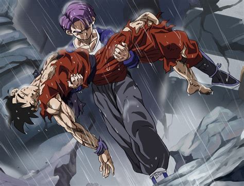 Trunks del Futuro Joven y Gohan en un futuro desolador