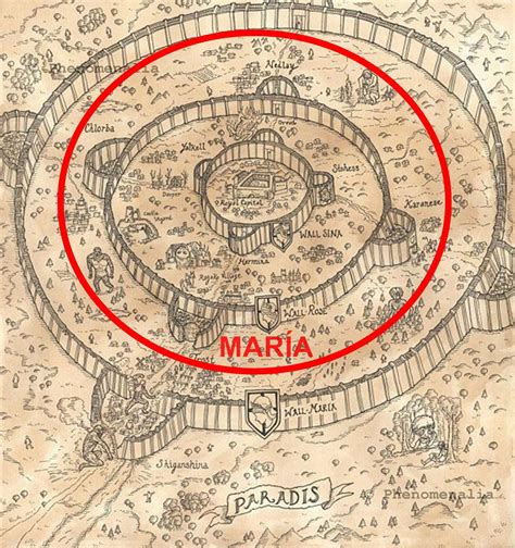 Mapa del mundo de Attack on Titan con las murallas y el distrito de Shiganshina destacados