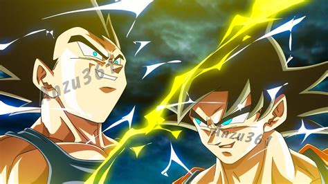 Goku y Vegeta transformándose en Super Saiyajin