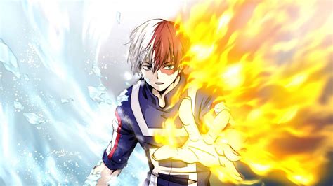 Ilustración de Shoto Todoroki con su quirk de fuego y hielo