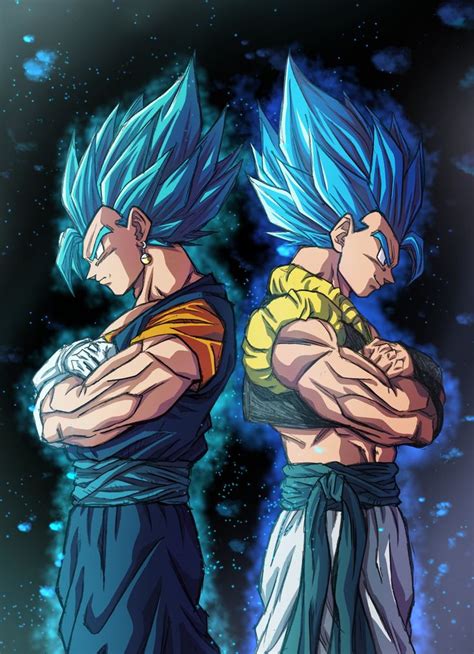 Ilustración comparativa de Vegetto y Gogeta en estado Super Saiyan Blue