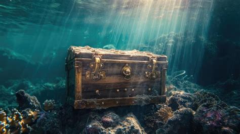 Cofre del tesoro hundido en el océano.