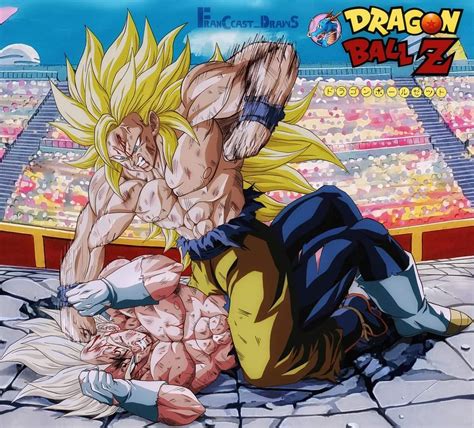 Son Goku transformado en Super Saiyan 3 luchando contra Majin Boo