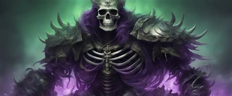Ilustración de un rey esqueleto con armadura oscura y aura amenazante