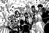 Elenco de Fairy Tail celebrando una victoria